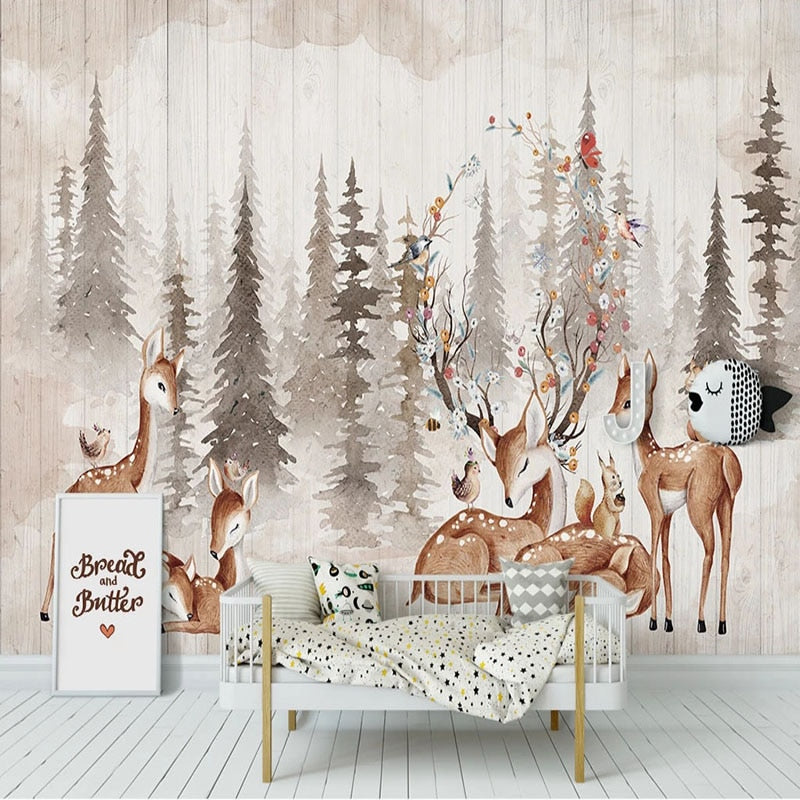 Hand-painted 3D mural wallpaper with vintage murals of elk