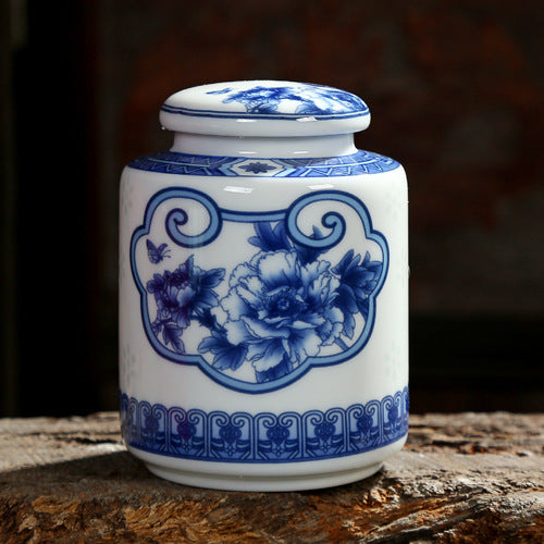 Jingdezhen White Porcelain Sealed Pot Ceramic Pattern Blue And White Porcelain Landscape Flower Tea Caddy