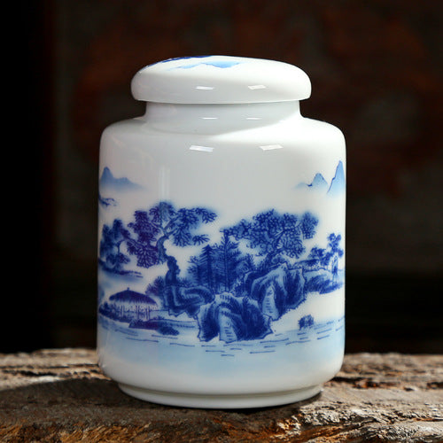 Jingdezhen White Porcelain Sealed Pot Ceramic Pattern Blue And White Porcelain Landscape Flower Tea Caddy