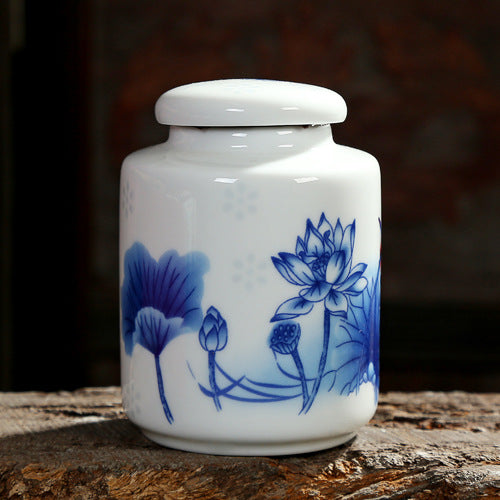 Jingdezhen White Porcelain Sealed Pot Ceramic Pattern Blue And White Porcelain Landscape Flower Tea Caddy