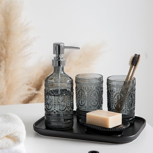 Glass Mouthwash Cup Five-piece Set, Brushing Cup, Hand Soap Bottle, Soap Box Combination With Tray