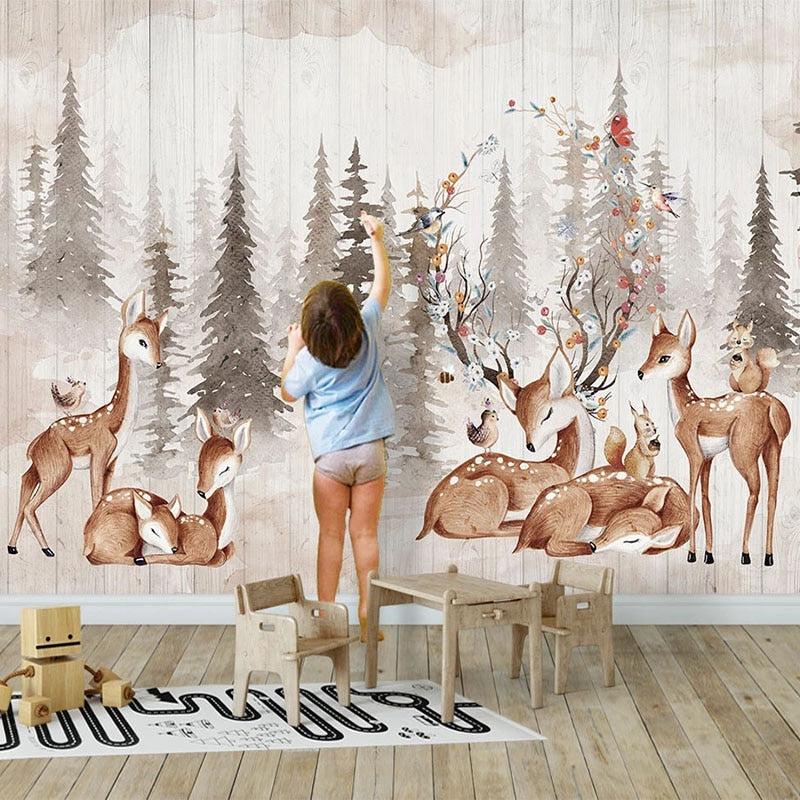 Hand-painted 3D mural wallpaper with vintage murals of elk