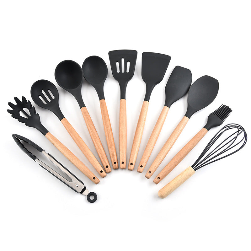 Silicone 11Pcs Kitchen Cooking Utensil Set  Non-stick Spatula Heat Resistant Wooden Handle