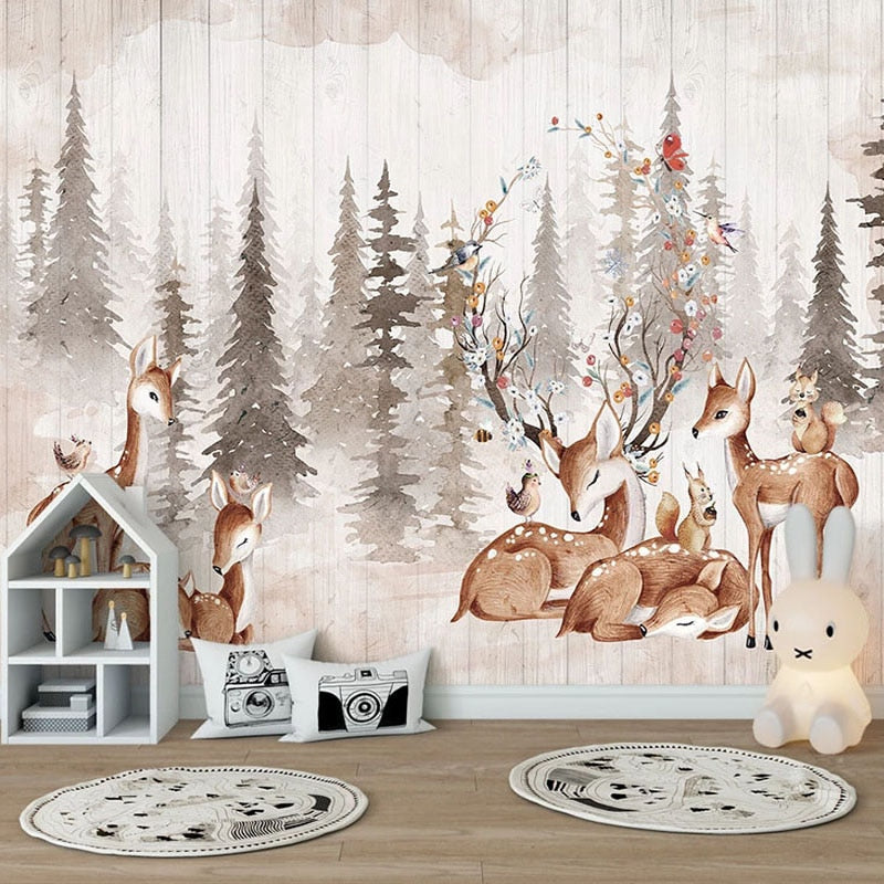 Hand-painted 3D mural wallpaper with vintage murals of elk