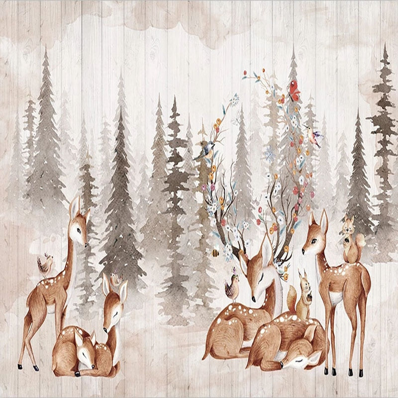 Hand-painted 3D mural wallpaper with vintage murals of elk