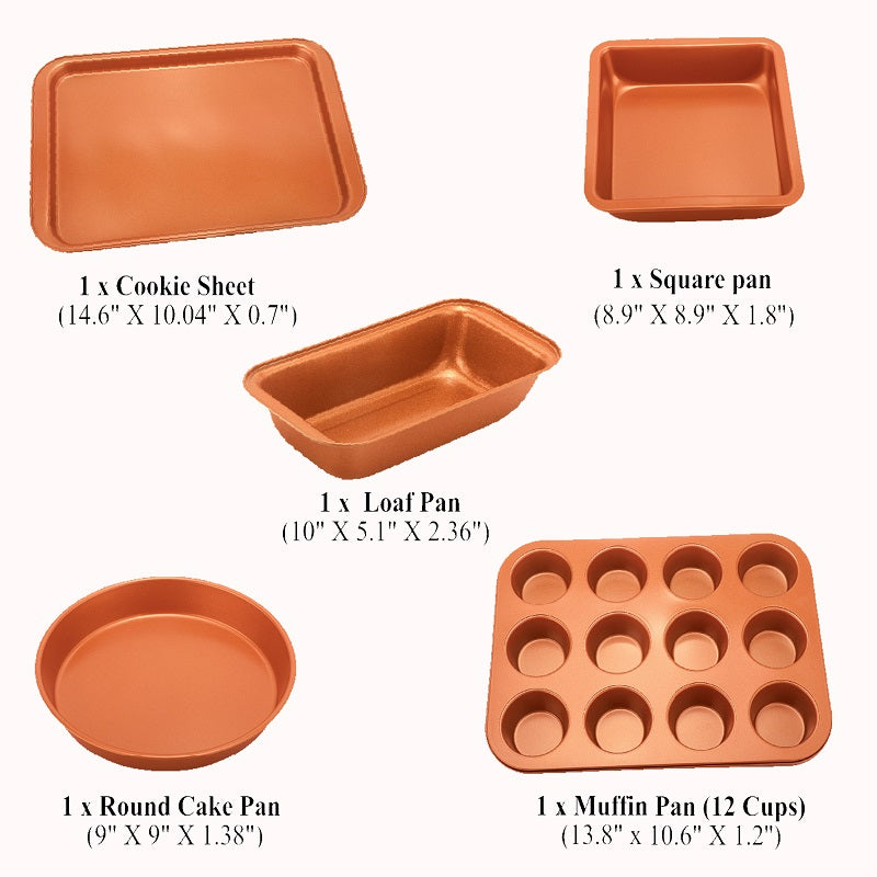 5 Pcs Baking Pans - Organic Eco Friendly Nonstick Coating - Premium Quality - Muffin Pan, Loaf Pan, Square Pan, Cookie Sheet, Round Pan - Bakeware Set