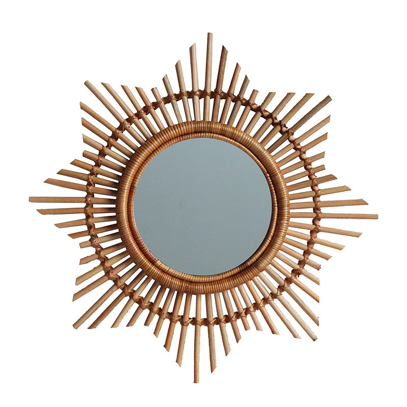 Rattan Dressing Makeup Mirror Creative Art Decoration Round Mirror B & B Living Room Entrance Wall Decoration Nordic Hanging Mirror