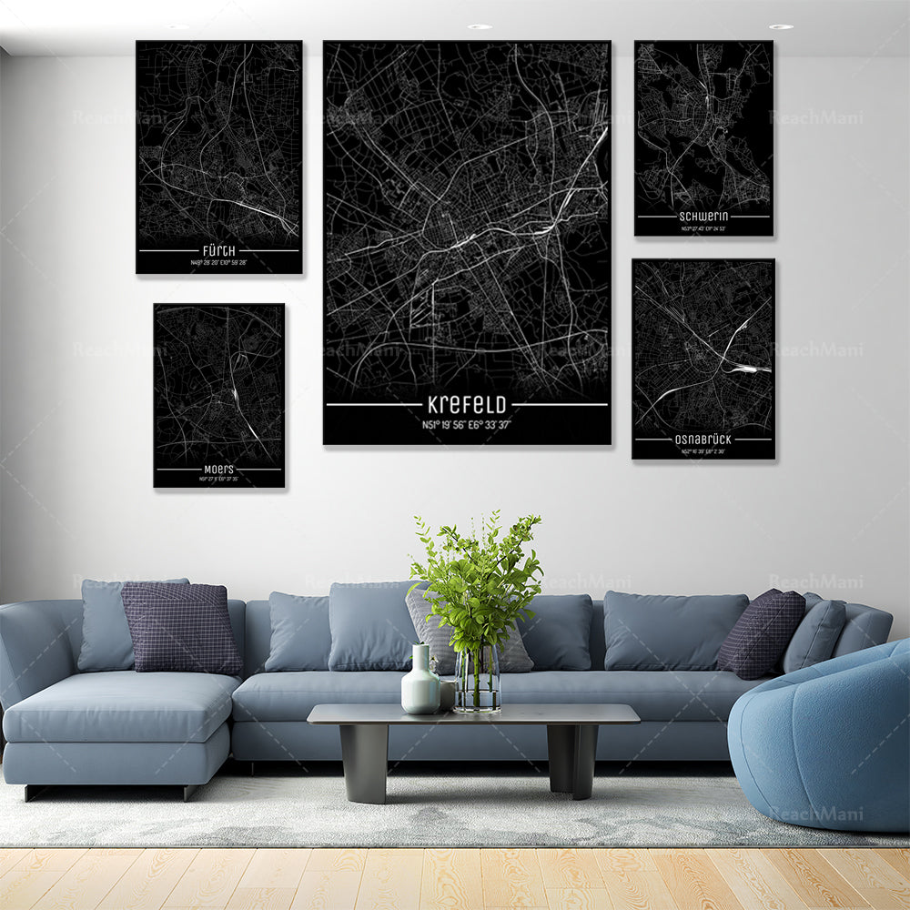 Map Black Line Poster Canvas Painting Home Decor Wall Art