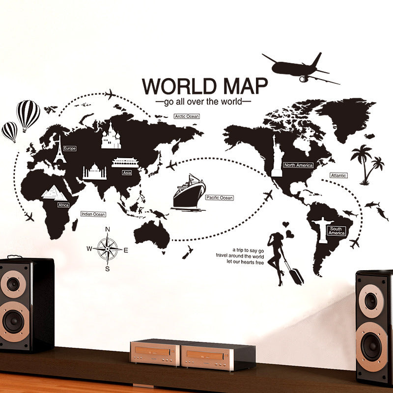 Black World Map Wall Sticker Bedroom Office Artistic Background Removable PVC Muurstickers Home Decor Kids Room Decoration