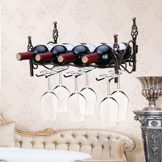 Wall-mounted four bottles and six glasses wine rack