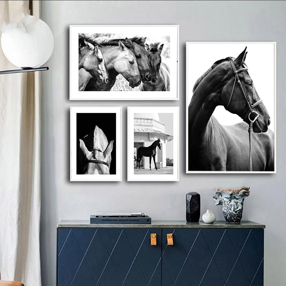 Black And White Animal Horse Canvas Painting Modern Wall Art Decor Poster