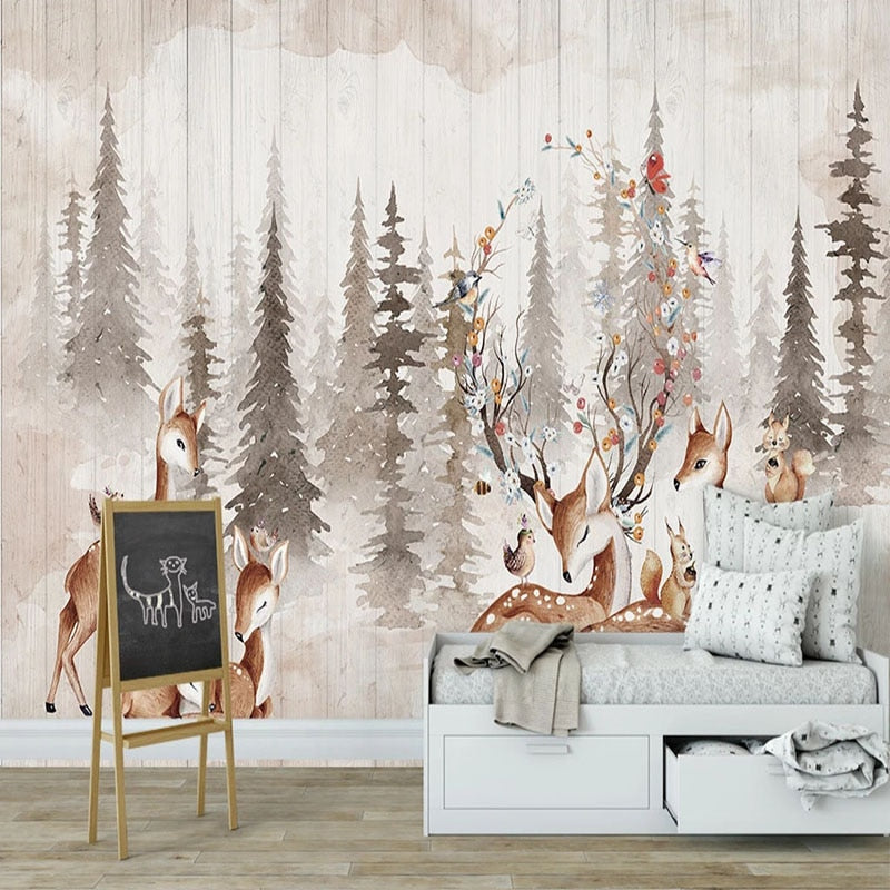 Hand-painted 3D mural wallpaper with vintage murals of elk