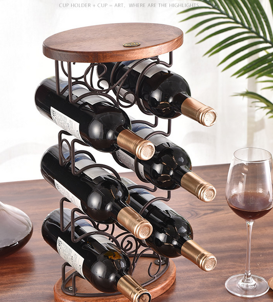 Wooden Bottom Wrought Iron Six-bottle Wine Rack Dining Table Wine Cabinet Decoration