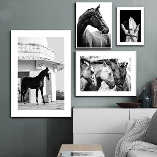 Black And White Animal Horse Canvas Painting Modern Wall Art Decor Poster